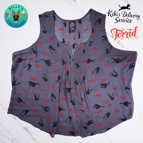 torrid Tops - Torrid Kiki's Delivery Service Cats Bows Gray Sheer Sleeveless Tank Top Womens 4
